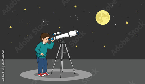 Cartoon child stargazing with telescope under night sky, exploring astronomy, moon, and stars for educational and science-themed vector content