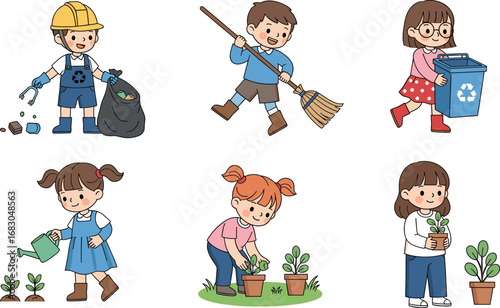 Cartoon children doing eco-friendly activities like recycling, gardening, cleaning, and planting to promote environmental awareness and green living habits