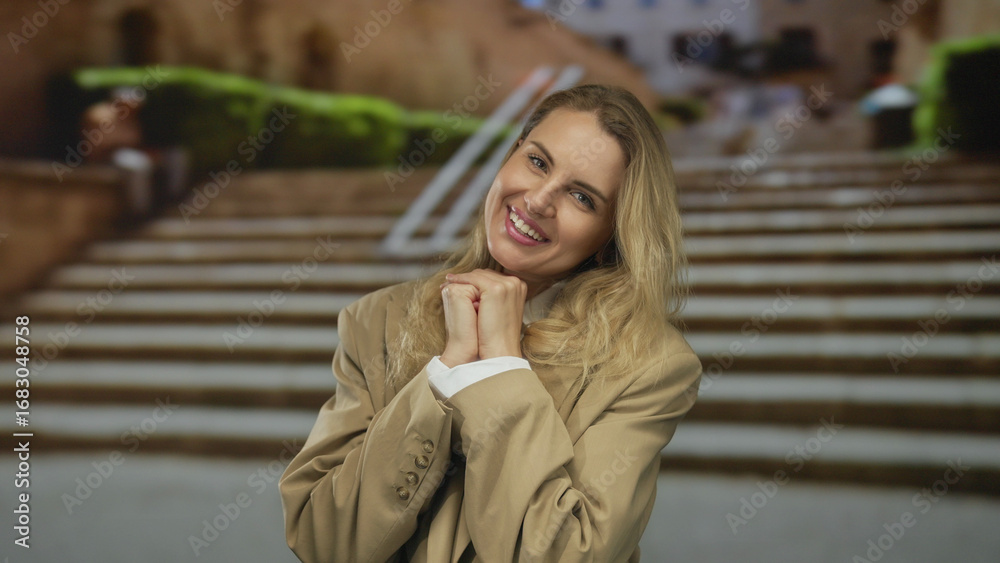Obraz premium Young blonde woman in a city environment makes a heart gesture with her hands while smiling outdoors near steps.
