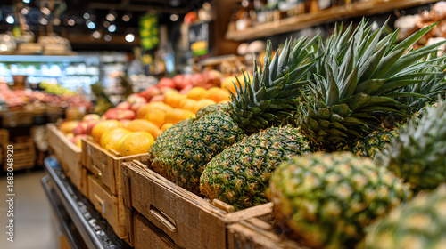 Fresh pineapples and apples displayed in a market with vibrant colors and natural lighting
