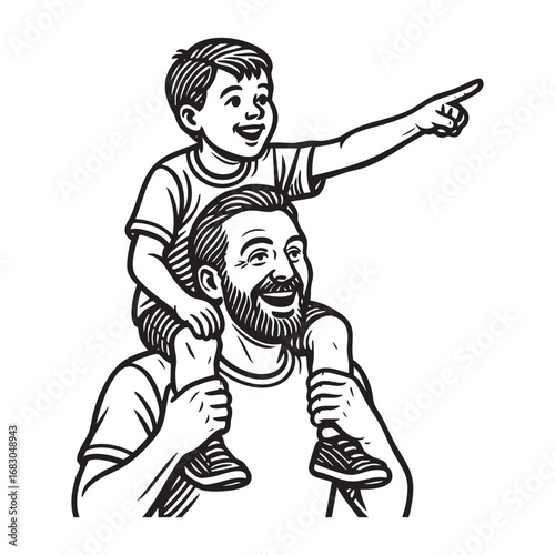 Vector of son on father shoulder Black and white engraved ink art, isolated on white background.