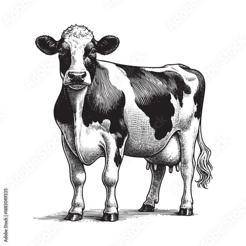 dairy cow standing stare to the front on field black and white sketch