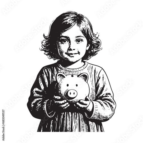 Hand drawn of young girl holding piggy bank engraving vector illustration. Scratch board style imitation. 