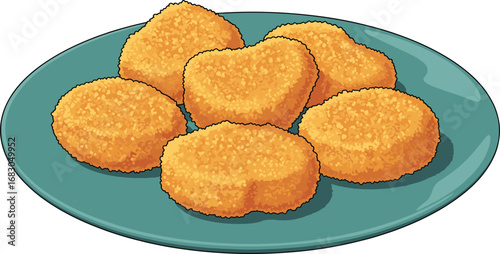 Crispy chicken nuggets on teal plate for fast food menu, snack packaging, cooking design, restaurant branding, and food illustration
