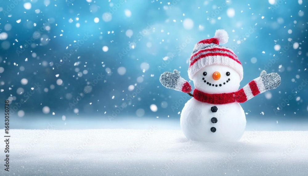 Fototapeta premium Cheerful snowman in a dreamy blue winter wonderland, smiling with a colorful scarf, joyful season.