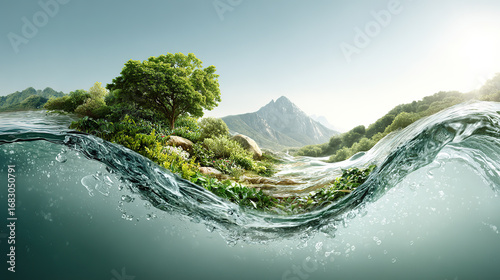 Vibrant landscape with lush greenery and mountain backdrop beneath a clear blue sky