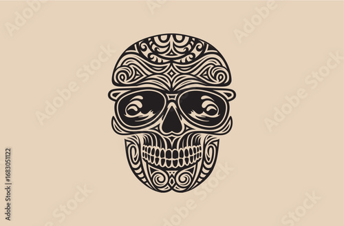 Detailed tribal skull vector illustration with ornamental patterns and sunglasses, perfect for tattoo designs, t-shirt prints, stickers, posters, and decoration