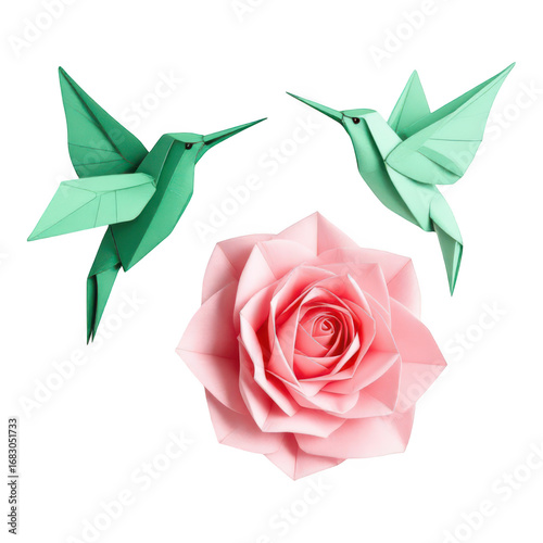 Origami Birds with Rose, and Black Background.
