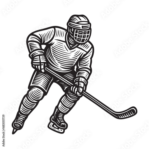 hockey player Illustration in Detailed Black and White Outline Line Art Drawing