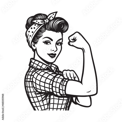 pinup woman wear bandana show bicep	in Black and White Vector Silhouette Illustration