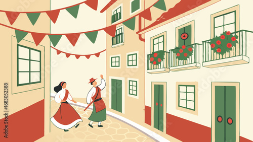 Traditional dancers celebrating in a festive street with decorations  