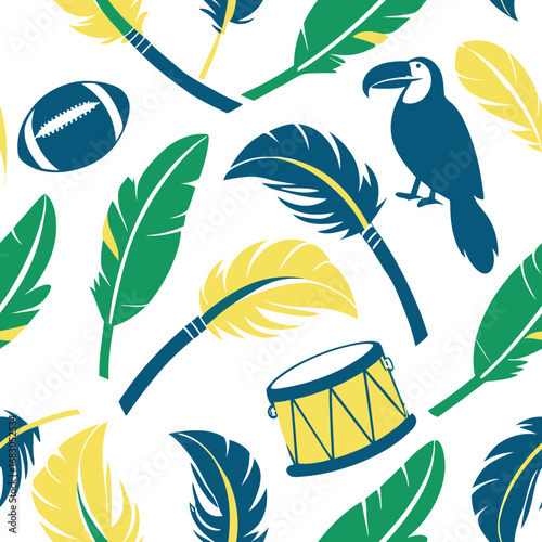 Tropical pattern with feathers, toucan, football, and drum  