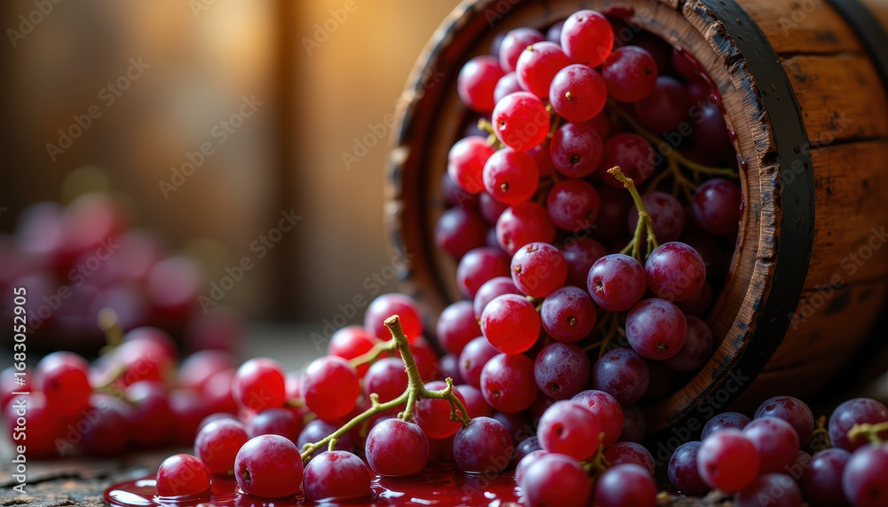 Fototapeta premium Red grape cluster spilling from wooden barrel with juice on rustic surface, vibrant fresh fruit with natural light creating warm and inviting atmosphere