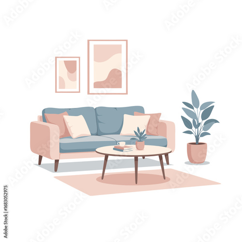  cozy and bright living room with minimalist furniture, plants, and a window with a cityscape view