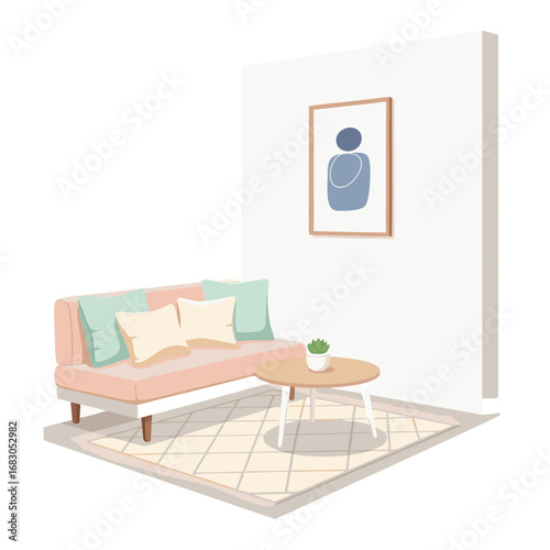  cozy and bright living room with minimalist furniture, plants, and a window with a cityscape view