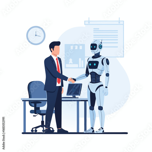 A man and a futuristic robot work together on a data analysis and software development project