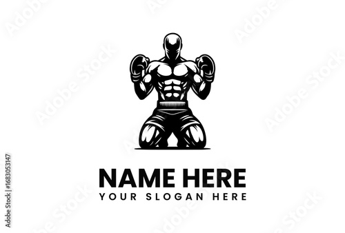 Muscular faceless boxer kneeling with gloves in a striking black and white vector.