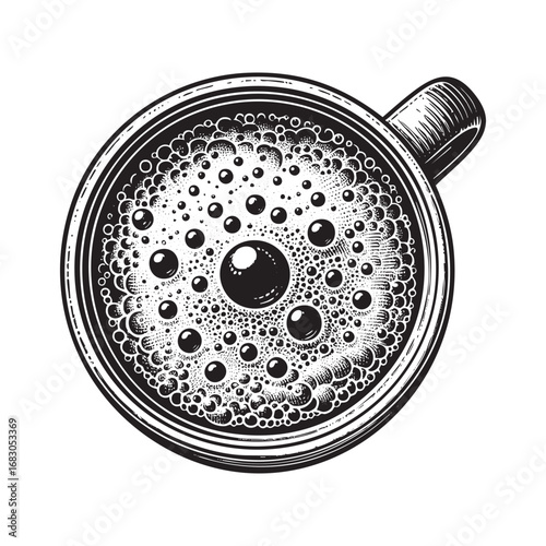 Engrave of cup of coffee top view in Black and White Vector Silhouette Illustration

