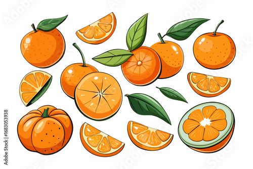 Fresh orange. Big vector collection of fresh oranges. Orange fruit isolated on white background.
