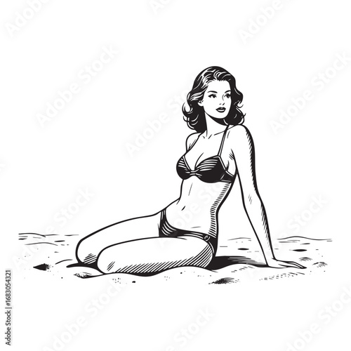 Hand drawn of woman wear bikini sitting on the beach Vector black vintage engraving isolated on white