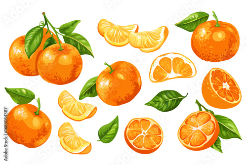Fresh orange. Big vector collection of fresh oranges. Orange fruit isolated on white background.
