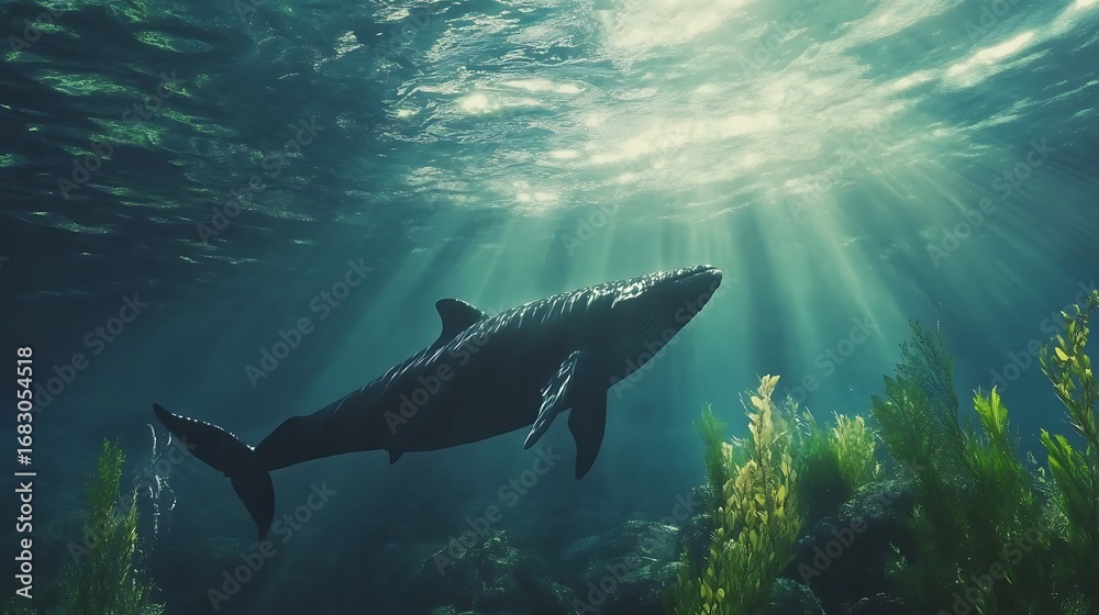 Naklejka premium Lovely whale glowing in underwater sunlight beams filtering through surface picture