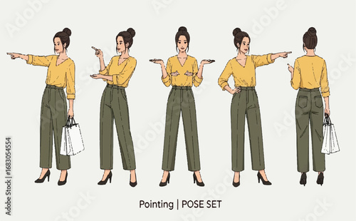 Modern businesswoman pointing pose set. Business lady in high waisted pants, loose office work long trousers with belt, attractive classy blouse female model. Vector flat style cartoon illustration