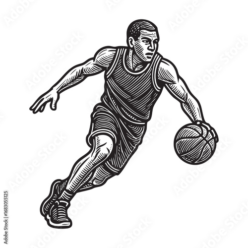 Detailed Engraving of african american basketball player dribbling ball draft silhouette drawing, black on white line art.
