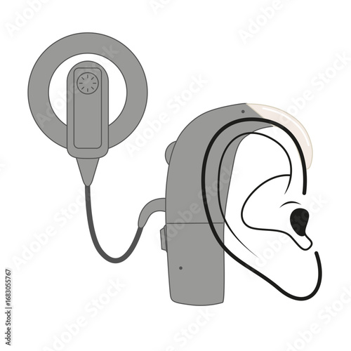 Black and white vector drawing of ear. Cochlear implant device electrically stimulates nerve ear. Flat vector illustration