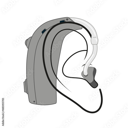 Black and white vector drawing of ear. Hearing aid device electrically stimulates nerve  for the hearing impaired and the deaf. World Deaf Day in last Sunday of September. Hearing aids concept.