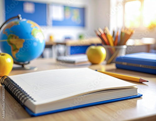 Zeszyt globus i przybory szkolne w klasie – edukacja i nauka geografia