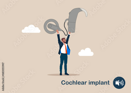 Businessman holding Cochlear implant. World Deaf Day in last Sunday of September. Cochlear implant device electrically stimulates nerve medical aid ear sound wave adults hard middle exam. Vector