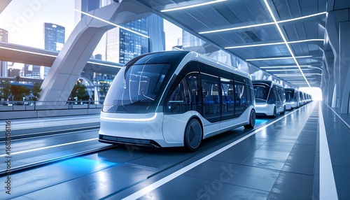 Futuristic city transit vehicles in a modern underground tunnel