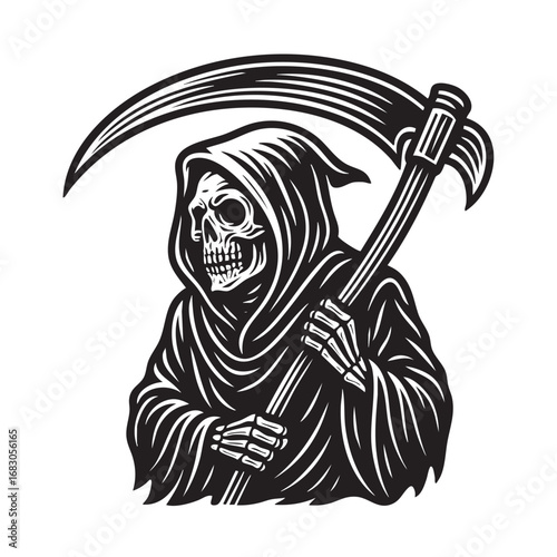 Detailed Black and White Drawing of grim reaper holding sickle in monochrome drawing