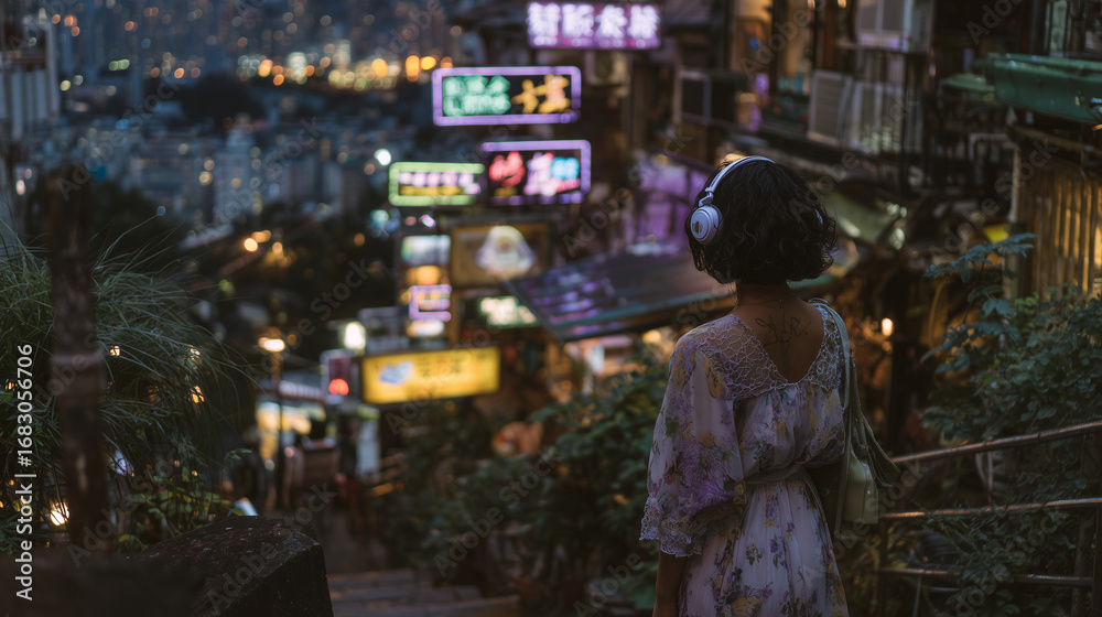 Obraz premium Young female traveler with headphones walking past stacked signboards in kanji, alley bustling with locals, saturated neon glow contrasting with dark shadows