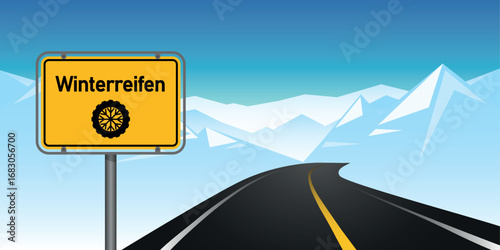 straight asphalted road in winter landscape with winter check traffic sign vector illustration