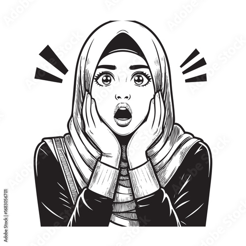 woman wear hijab shocked vector black vintage engraving isolated on white