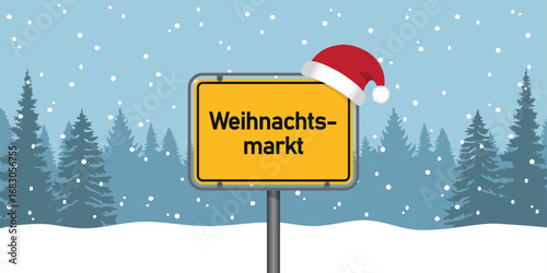 place sign with german word christmas market in snowy winter landscape vector illustration