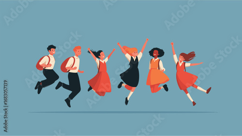 Flat style vector illustration of students in school uniforms excited to return to education