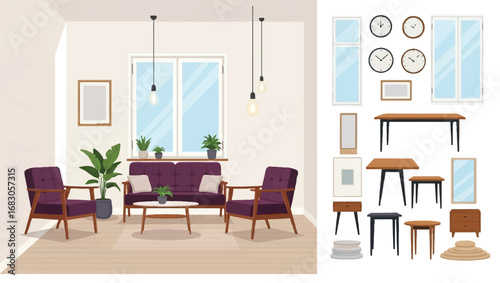 Workplace modern interior, home or office room creation set, working space kit with furniture, constructor elements to build your own design. Cartoon flat style infographic illustration, color palette
