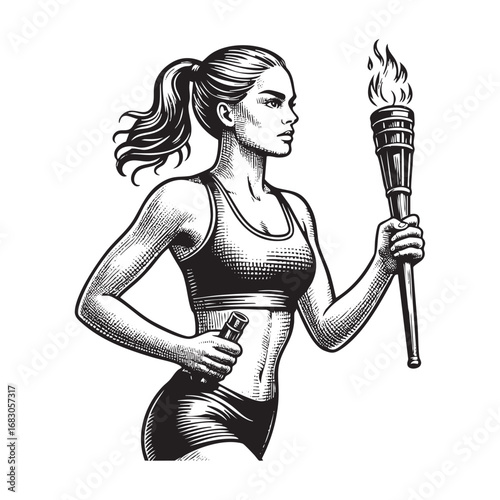 Man athlete holding torch while running	in Engraving Style