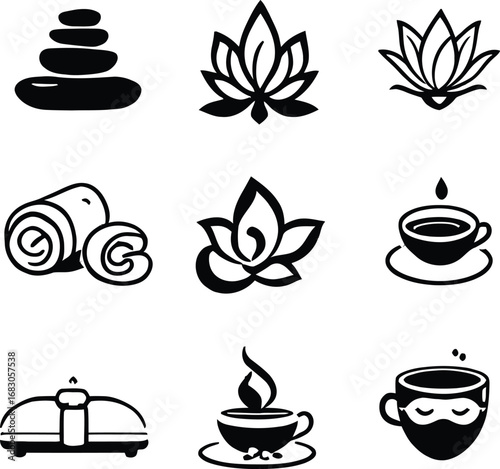 Spa wellness relaxation massage therapy zen stones lotus flower towel candle coffee vector icons set
