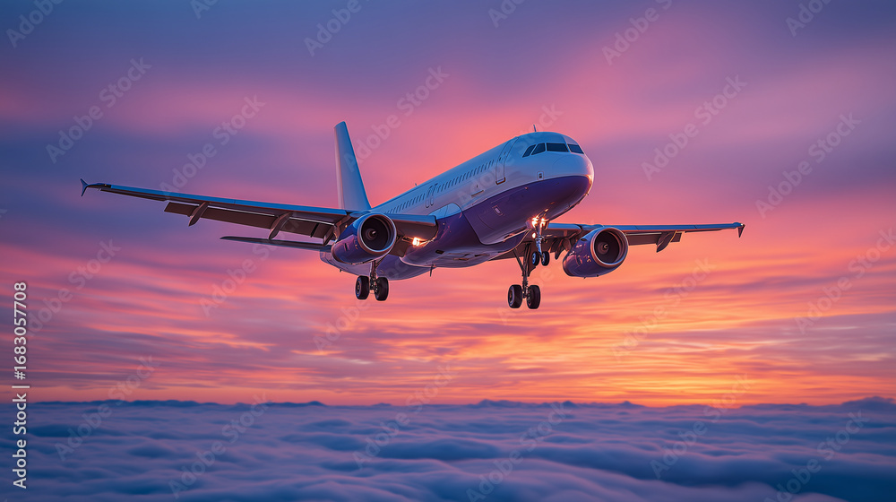 Fototapeta premium Airplane flying across fiery sunset sky, gentle clouds beneath, passengers inside feeling thrill of upcoming journey, concept of vacation and tourism