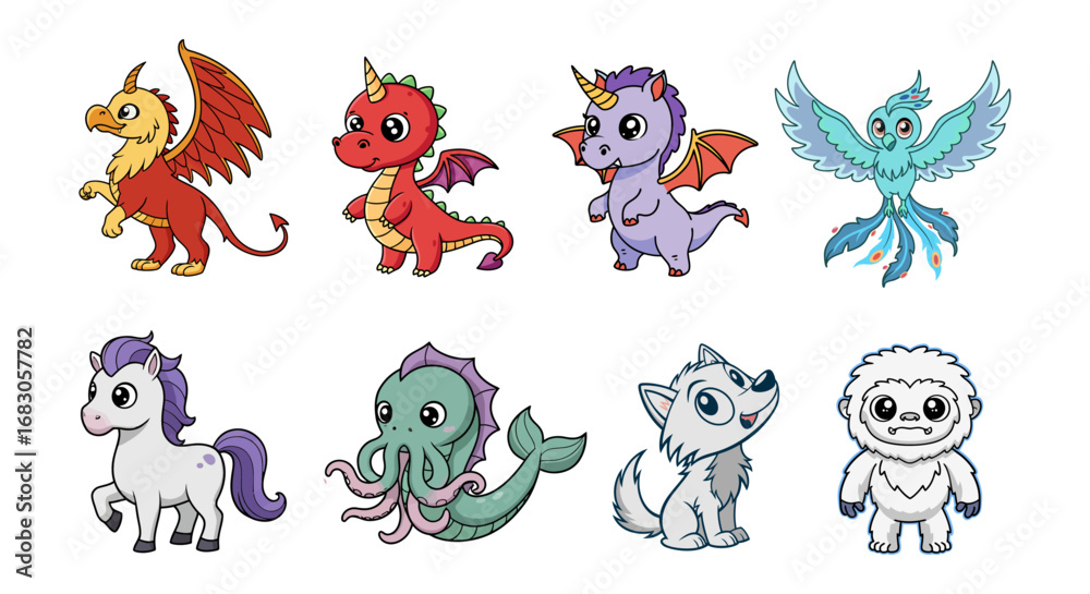 Obraz premium Cute Cartoon Fantasy Creatures Collection