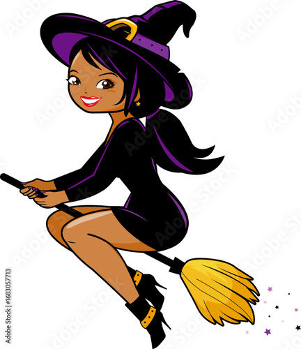 Beautiful Halloween witch with magical broom flying in the sky. Cartoon trick or treat woman with spooky witch costume for Halloween party. Vector illustration