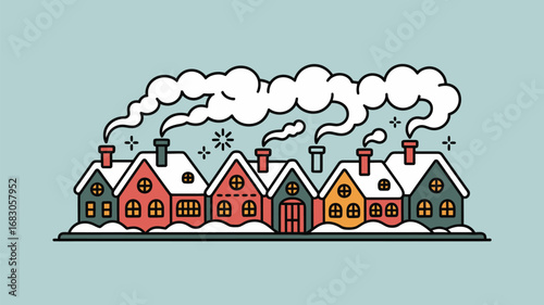 A row of houses with snow covered roofs and smoke coming from the chimneys on a light blue background