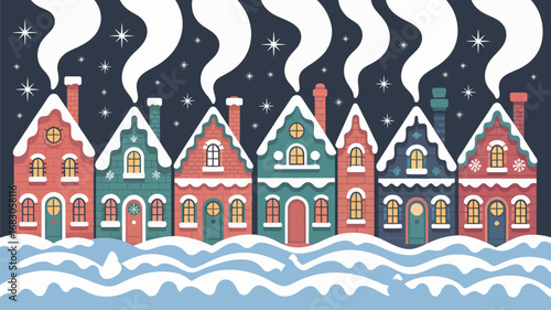 Illustrated row of houses with snow covered roofs and smoke coming from chimneys under a starry sky