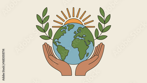 A stylized illustration of hands holding the earth with sun and olive branches on a light background