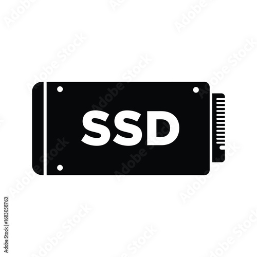 Simple black silhouette icon of a solid state drive, a modern computer hardware component for data storage, isolated on a white background