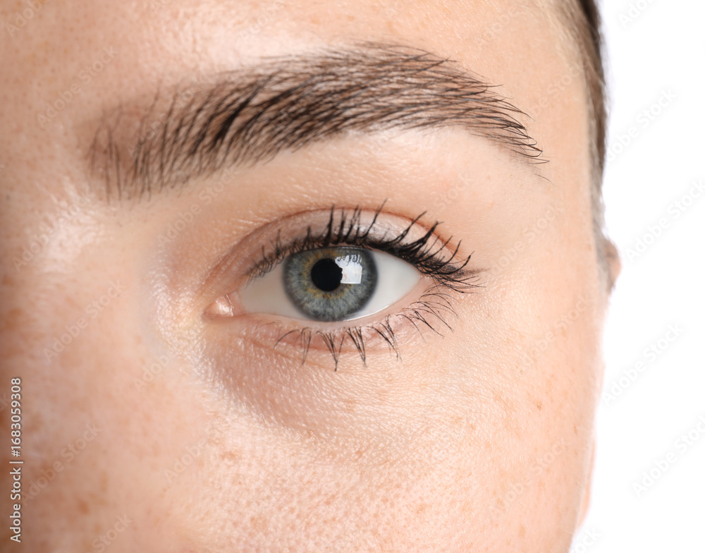 Fototapeta premium Woman before cosmetic procedure on white background, closeup